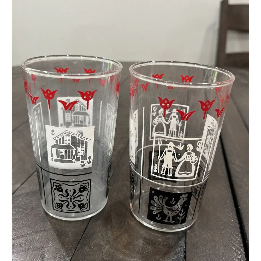 Vintage Amish Butterprint Tumblers‎ Set Of 2 Glass Rooster Juice Cup